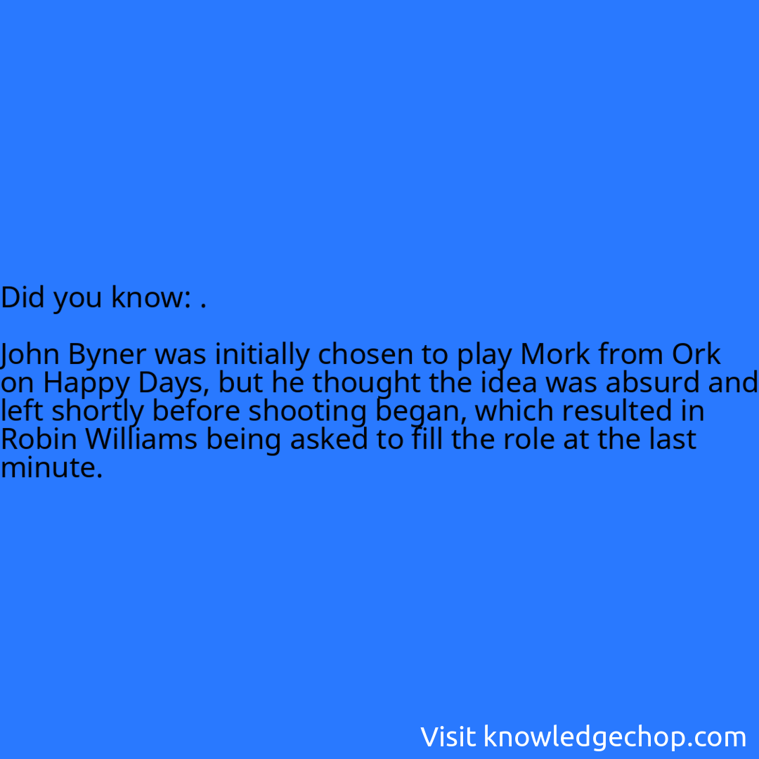 .  John Byner was initially chosen to play Mork from Ork on Happy Days, but he thought the idea was absurd and left shortly before shooting began, which resulted in Robin Williams being asked to fill the role at the last minute.
