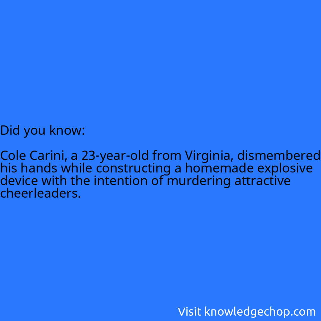   Cole Carini, a 23-year-old from Virginia, dismembered his hands while constructing a homemade explosive device with the intention of murdering attractive cheerleaders.