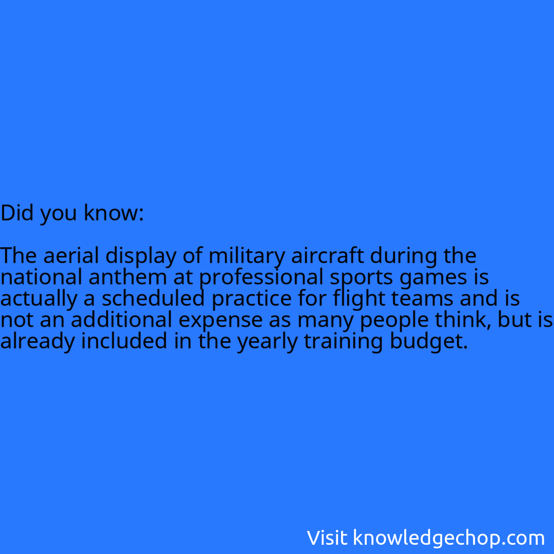   The aerial display of military aircraft during the national anthem at professional sports games is actually a scheduled practice for flight teams and is not an additional expense as many people think, but is already included in the yearly training budget.