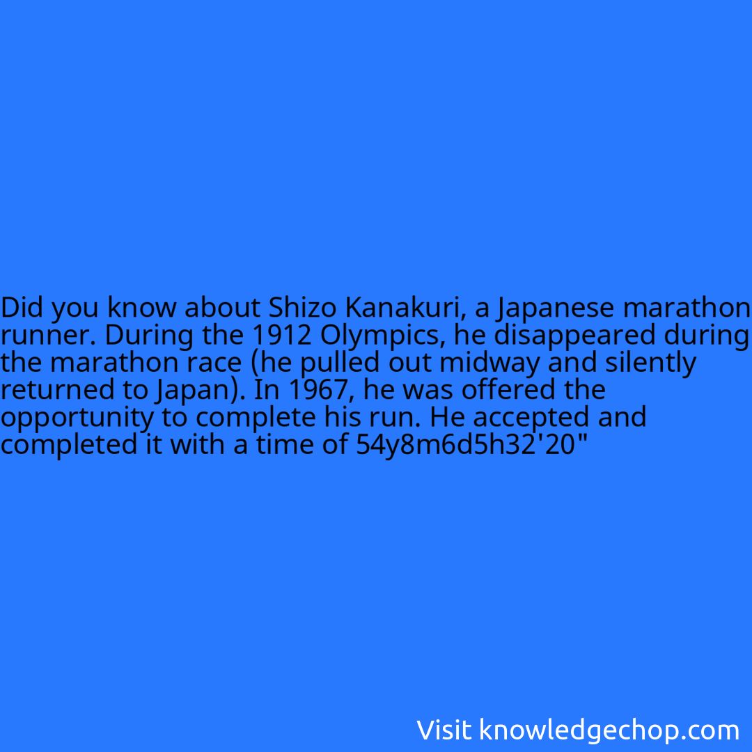 about Shizo Kanakuri, a Japanese marathon runner. During the 1912 Olympics, he disappeared during the marathon race (he pulled out midway and silently returned to Japan). In 1967, he was offered the opportunity to complete his run. He accepted and completed it with a time of 54y8m6d5h32'20