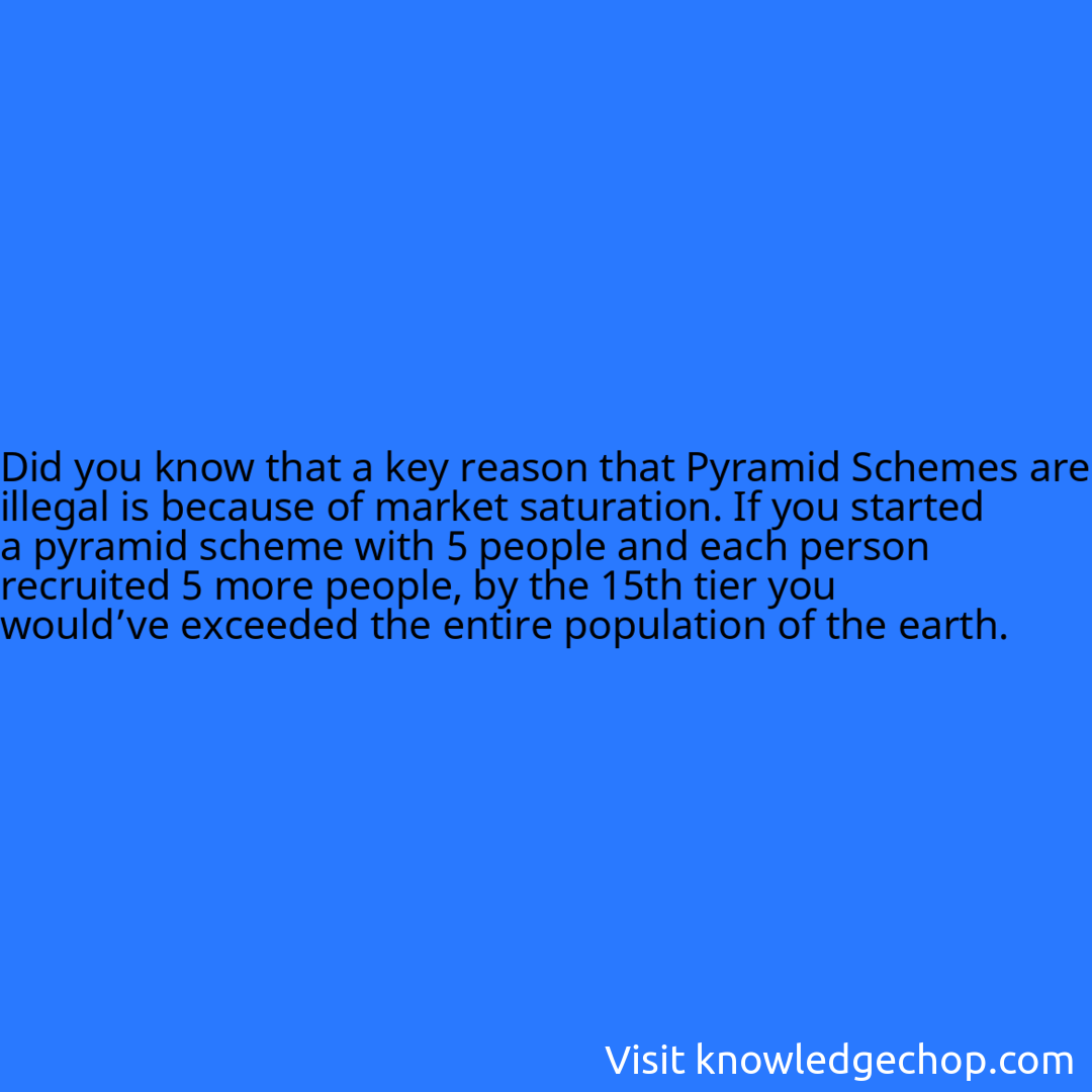 that a key reason that Pyramid Schemes are illegal is because of market saturation. If you started a pyramid scheme with 5 people and each person recruited 5 more people, by the 15th tier you would’ve exceeded the entire population of the earth.