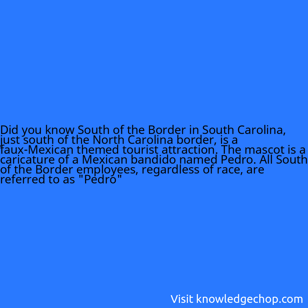 South of the Border in South Carolina, just south of the North Carolina border, is a faux-Mexican themed tourist attraction. The mascot is a caricature of a Mexican bandido named Pedro. All South of the Border employees, regardless of race, are referred to as 