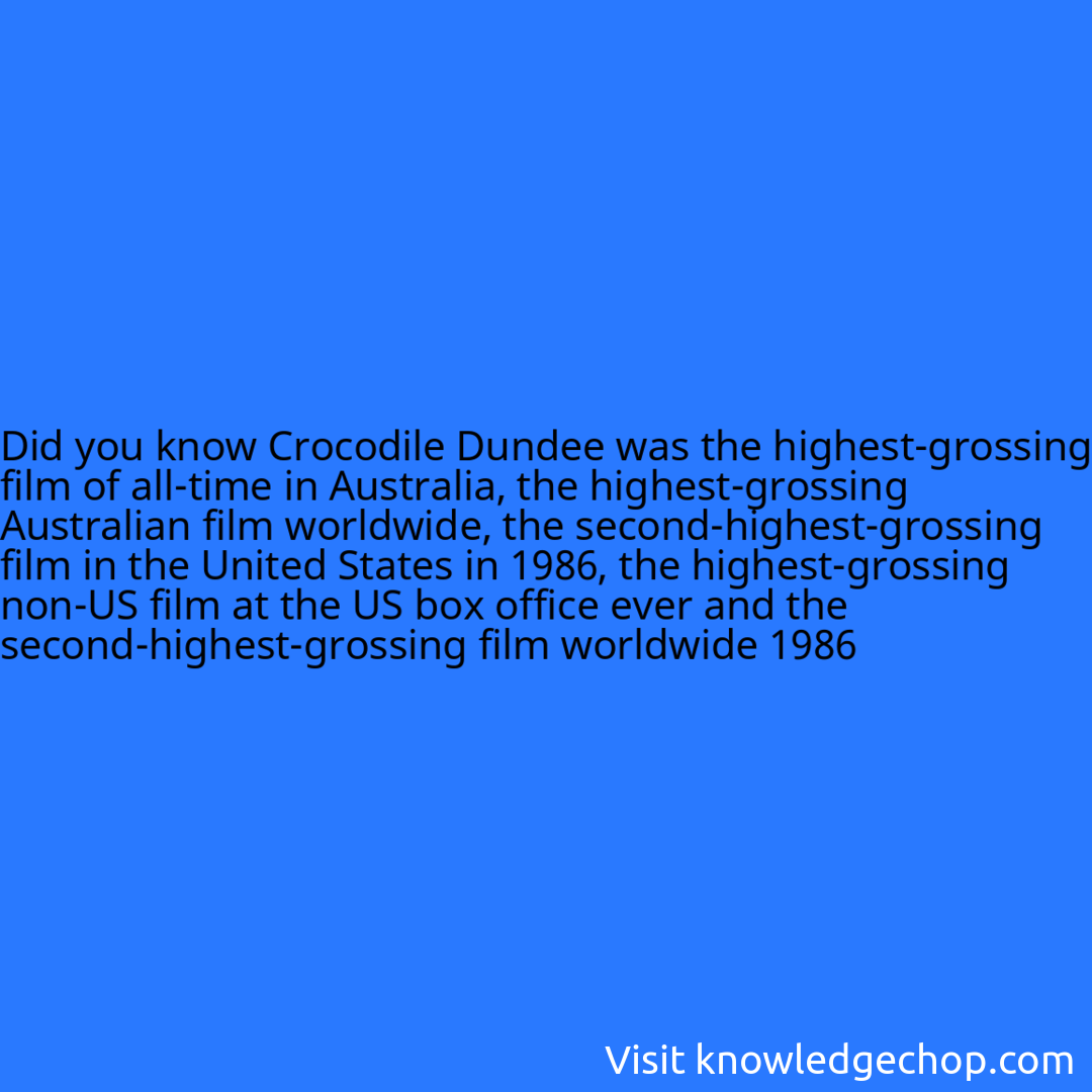 Crocodile Dundee was the highest-grossing film of all-time in Australia, the highest-grossing Australian film worldwide, the second-highest-grossing film in the United States in 1986, the highest-grossing non-US film at the US box office ever and the second-highest-grossing film worldwide 1986