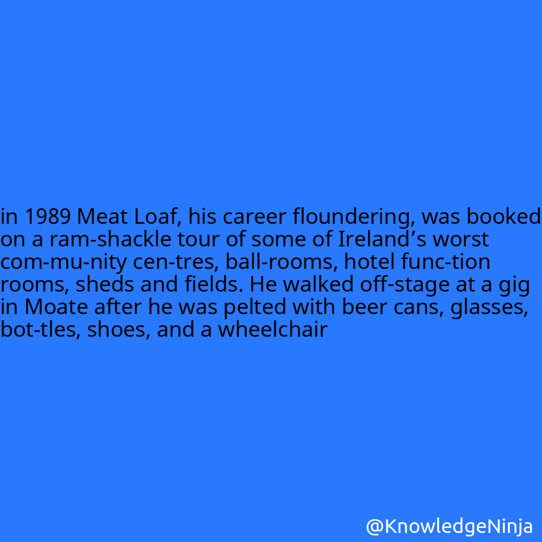 
in 1989 Meat Loaf, his career floundering, was booked on a ram­shackle tour of some of Ireland’s worst com­mu­nity cen­tres, ball­rooms, hotel func­tion rooms, sheds and fields. He walked off-stage at a gig in Moate after he was pelted with beer cans, glasses, bot­tles, shoes, and a wheelchair