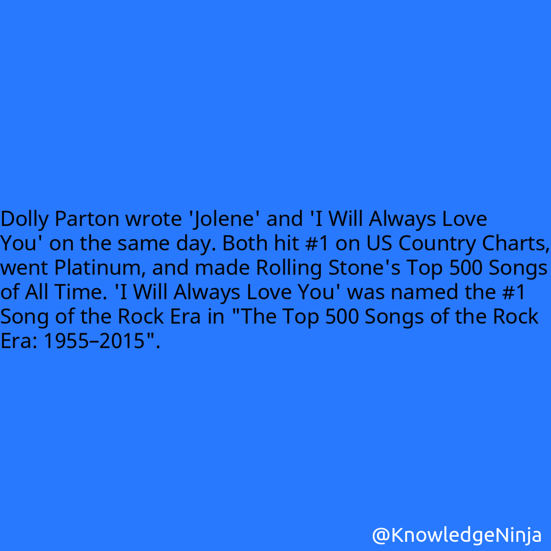 
Dolly Parton wrote 'Jolene' and 'I Will Always Love You' on the same day. Both hit #1 on US Country Charts, went Platinum, and made Rolling Stone's Top 500 Songs of All Time. 'I Will Always Love You' was named the #1 Song of the Rock Era in 