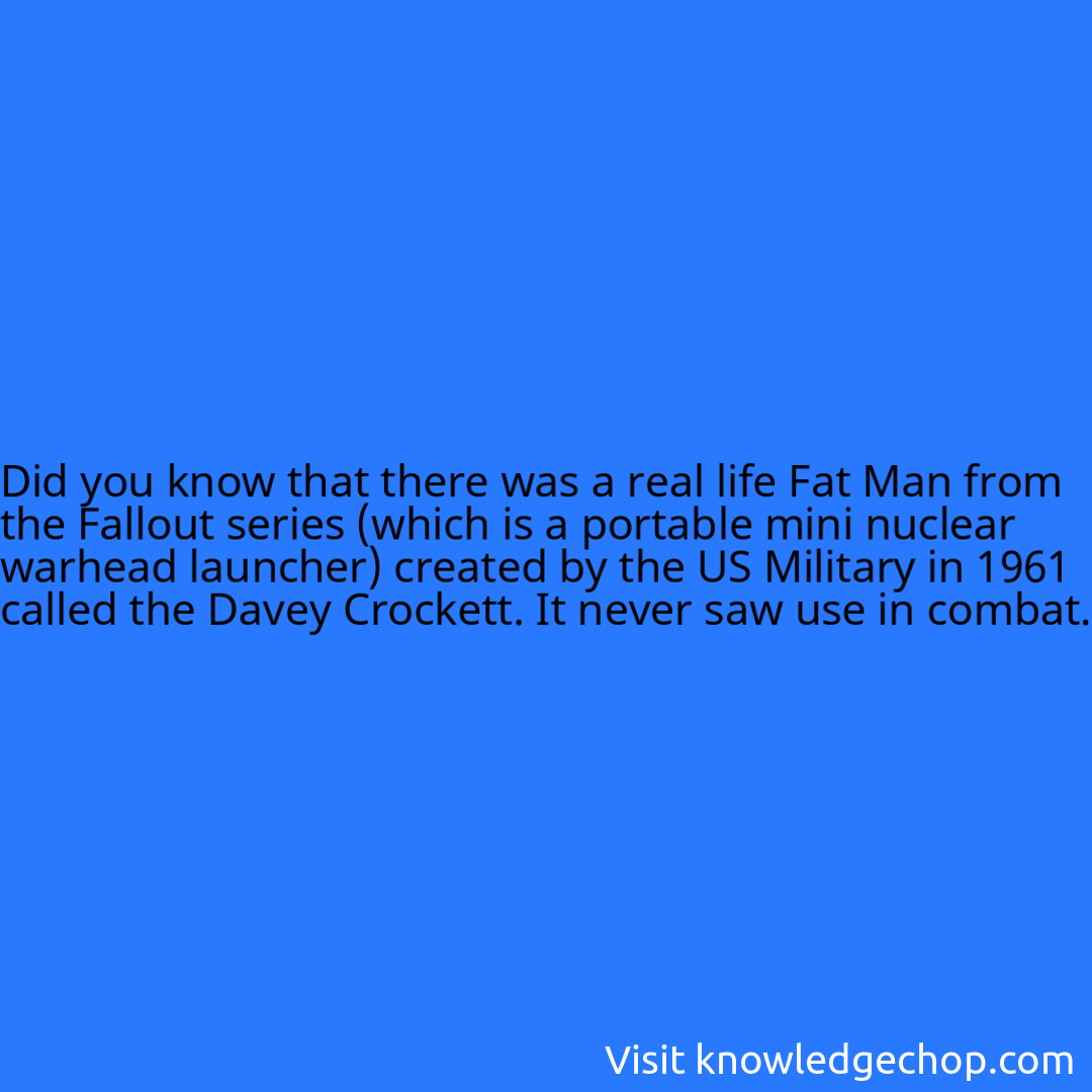 that there was a real life Fat Man from the Fallout series (which is a portable mini nuclear warhead launcher) created by the US Military in 1961 called the Davey Crockett. It never saw use in combat.