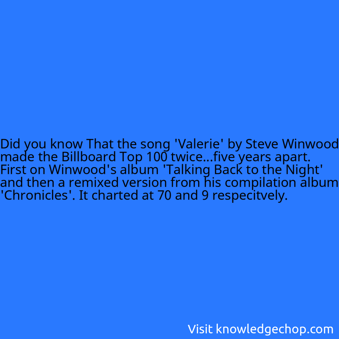 That the song 'Valerie' by Steve Winwood made the Billboard Top 100 twice...five years apart. First on Winwood's album 'Talking Back to the Night' and then a remixed version from his compilation album 'Chronicles'. It charted at 70 and 9 respecitvely.