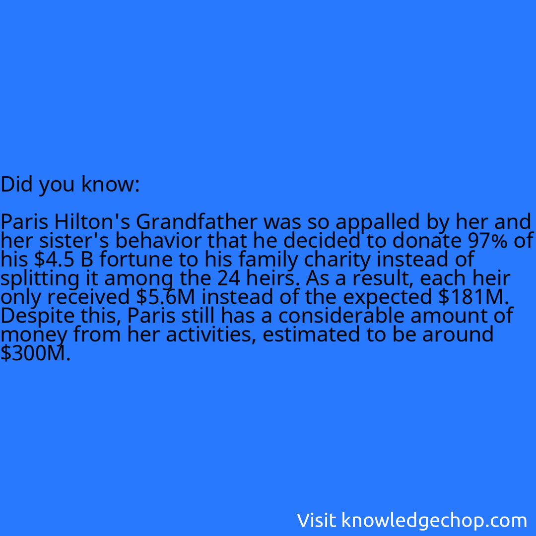   Paris Hilton's Grandfather was so appalled by her and her sister's behavior that he decided to donate 97% of his $4.5 B fortune to his family charity instead of splitting it among the 24 heirs. As a result, each heir only received $5.6M instead of the expected $181M. Despite this, Paris still has a considerable amount of money from her activities, estimated to be around $300M.