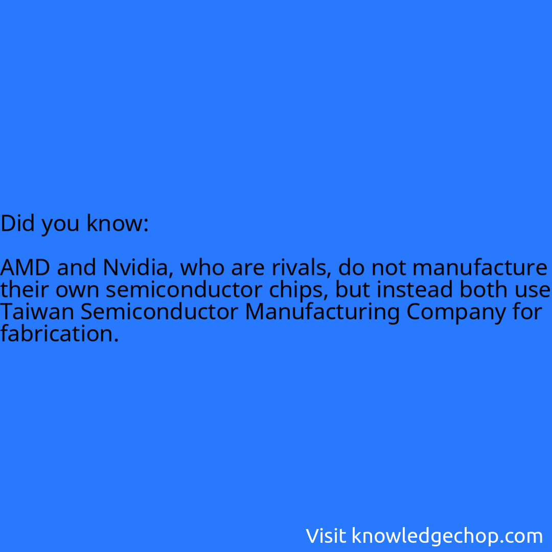   AMD and Nvidia, who are rivals, do not manufacture their own semiconductor chips, but instead both use Taiwan Semiconductor Manufacturing Company for fabrication.