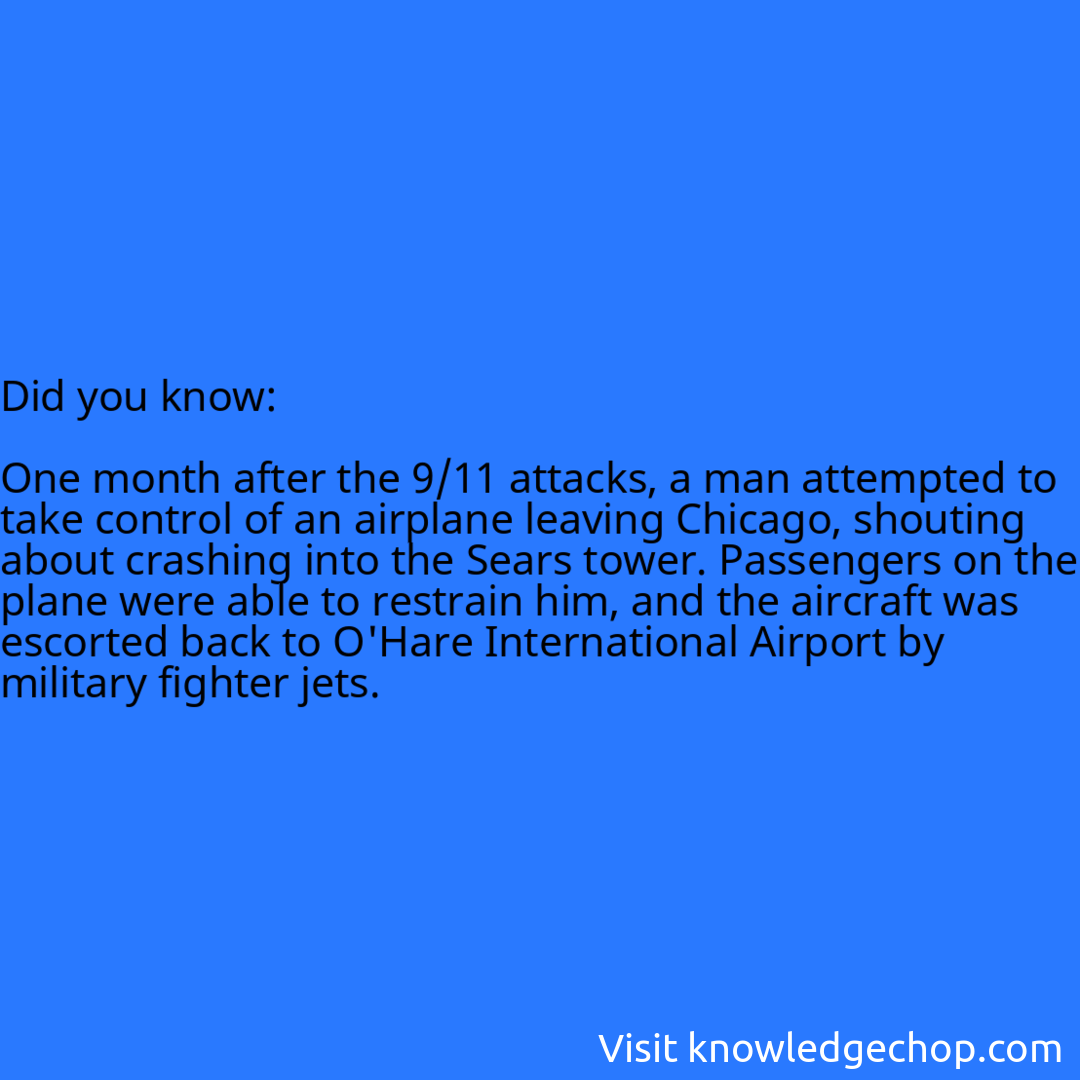   One month after the 9/11 attacks, a man attempted to take control of an airplane leaving Chicago, shouting about crashing into the Sears tower. Passengers on the plane were able to restrain him, and the aircraft was escorted back to O'Hare International Airport by military fighter jets.