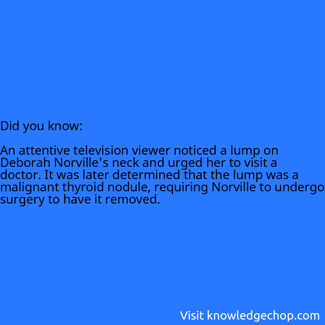   An attentive television viewer noticed a lump on Deborah Norville's neck and urged her to visit a doctor. It was later determined that the lump was a malignant thyroid nodule, requiring Norville to undergo surgery to have it removed.