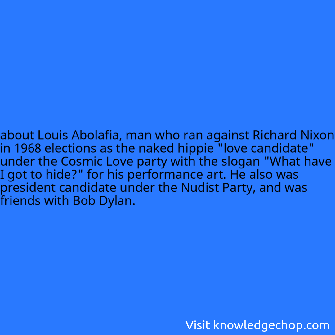 about Louis Abolafia, man who ran against Richard Nixon in 1968 elections as the naked hippie 