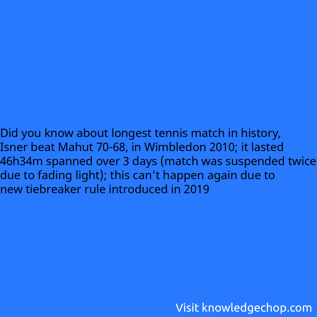 about longest tennis match in history, Isner beat Mahut 70-68, in Wimbledon 2010; it lasted 46h34m spanned over 3 days (match was suspended twice due to fading light); this can't happen again due to new tiebreaker rule introduced in 2019