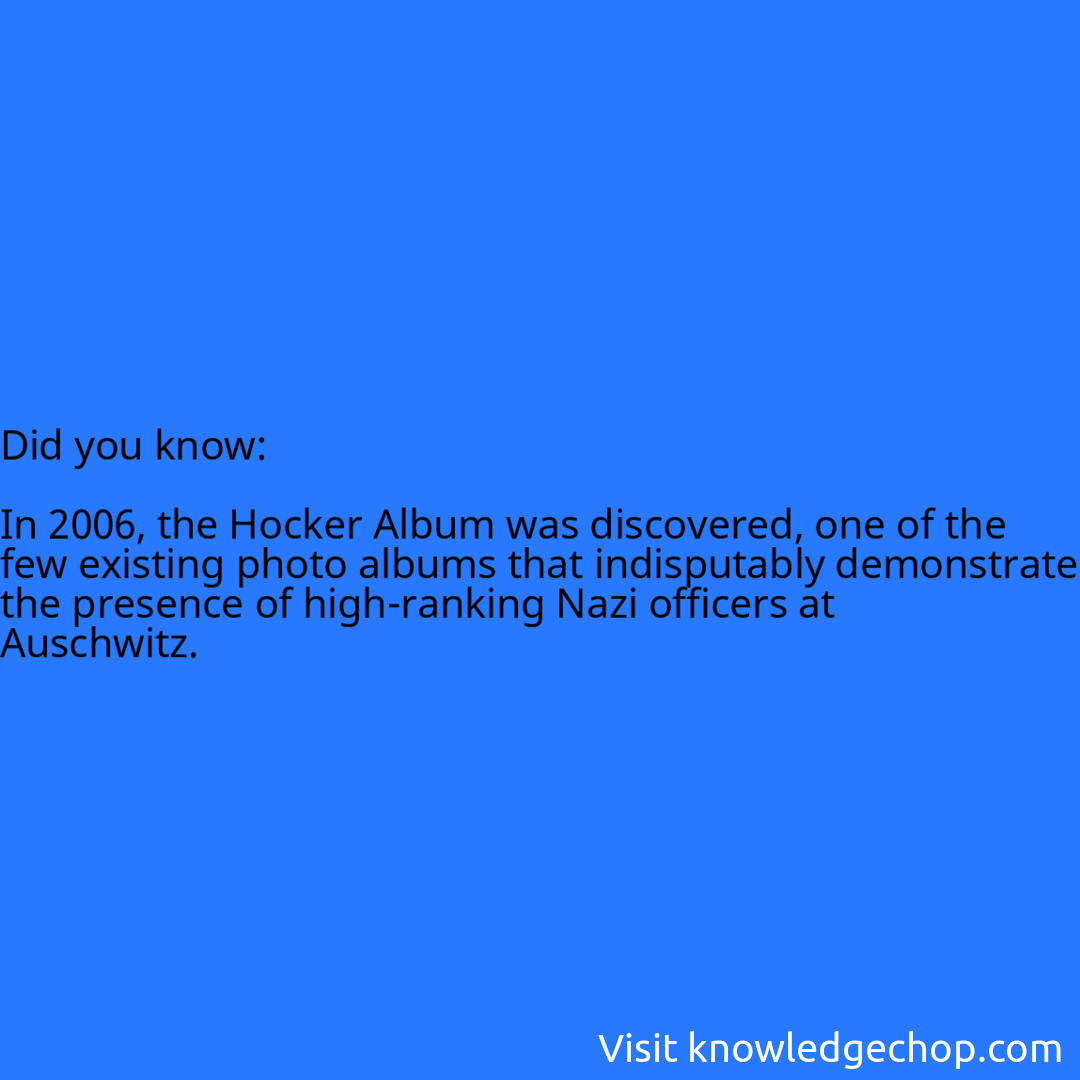   In 2006, the Hocker Album was discovered, one of the few existing photo albums that indisputably demonstrate the presence of high-ranking Nazi officers at Auschwitz.