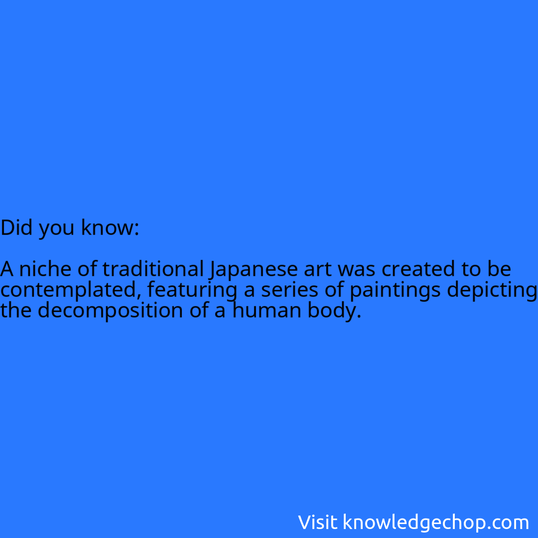   A niche of traditional Japanese art was created to be contemplated, featuring a series of paintings depicting the decomposition of a human body.
