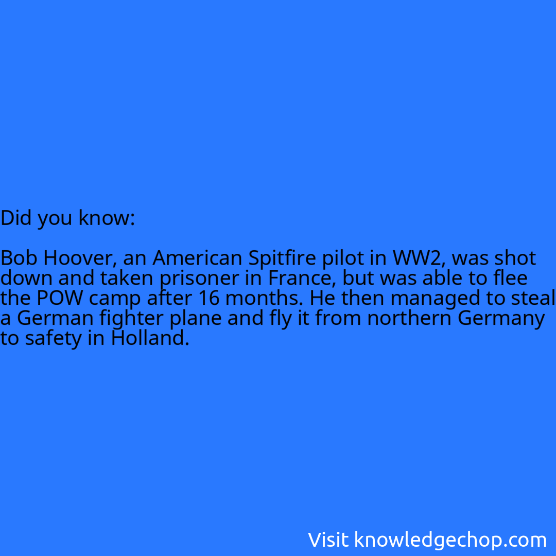   Bob Hoover, an American Spitfire pilot in WW2, was shot down and taken prisoner in France, but was able to flee the POW camp after 16 months. He then managed to steal a German fighter plane and fly it from northern Germany to safety in Holland.