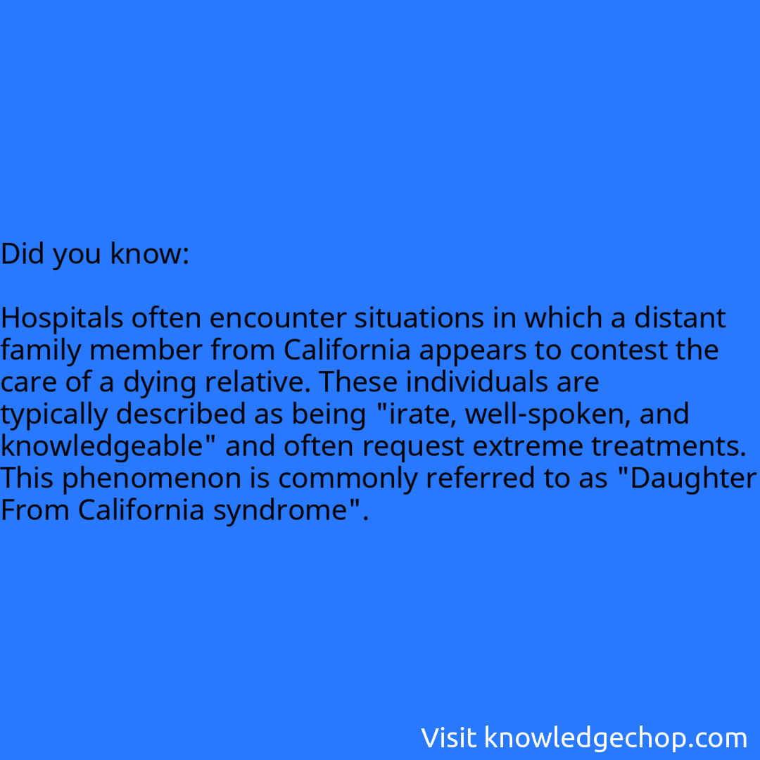   Hospitals often encounter situations in which a distant family member from California appears to contest the care of a dying relative. These individuals are typically described as being 