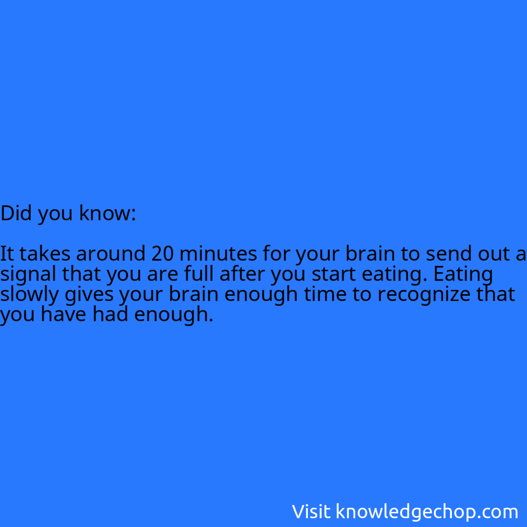   It takes around 20 minutes for your brain to send out a signal that you are full after you start eating. Eating slowly gives your brain enough time to recognize that you have had enough.