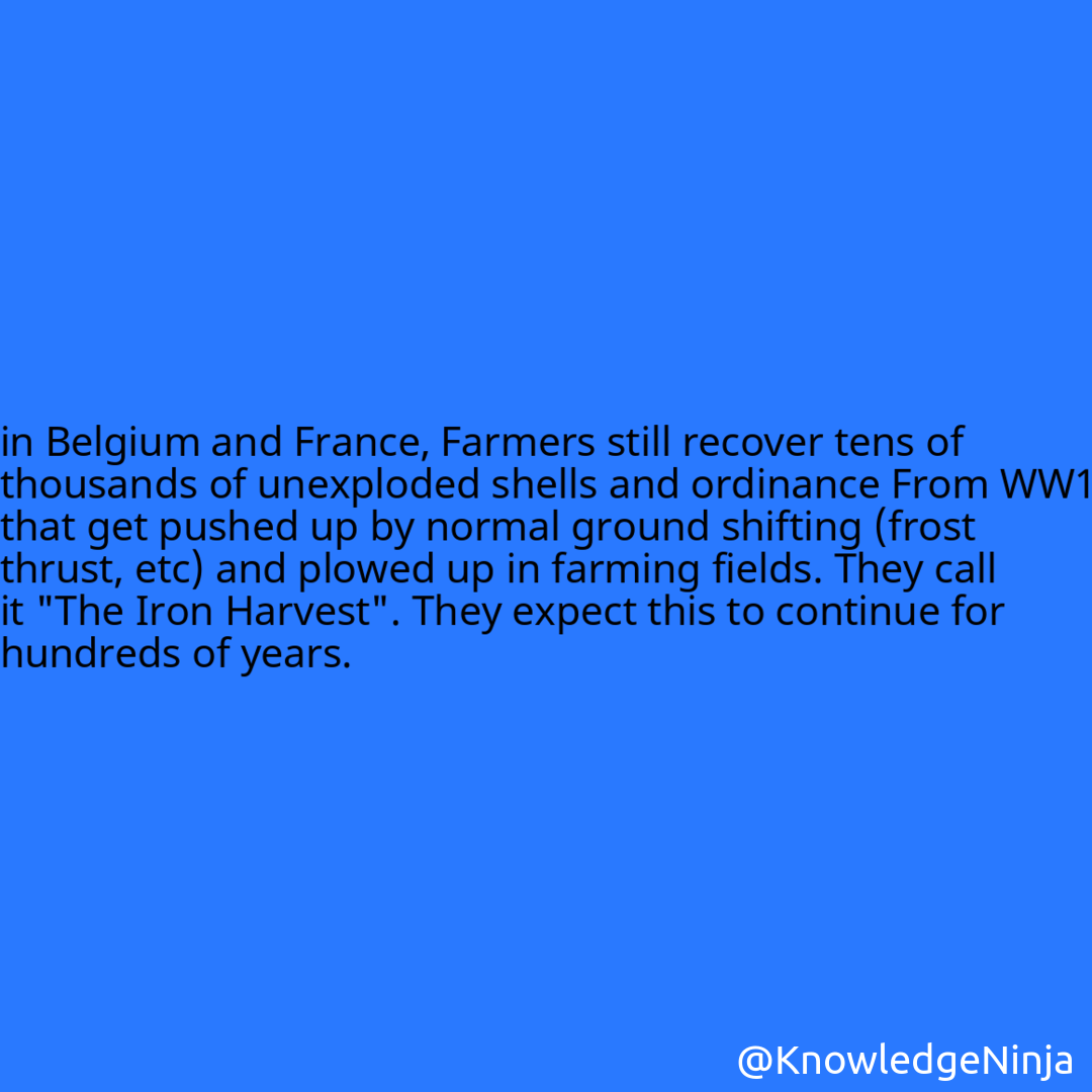 
in Belgium and France, Farmers still recover tens of thousands of unexploded shells and ordinance From WW1 that get pushed up by normal ground shifting (frost thrust, etc) and plowed up in farming fields. They call it 