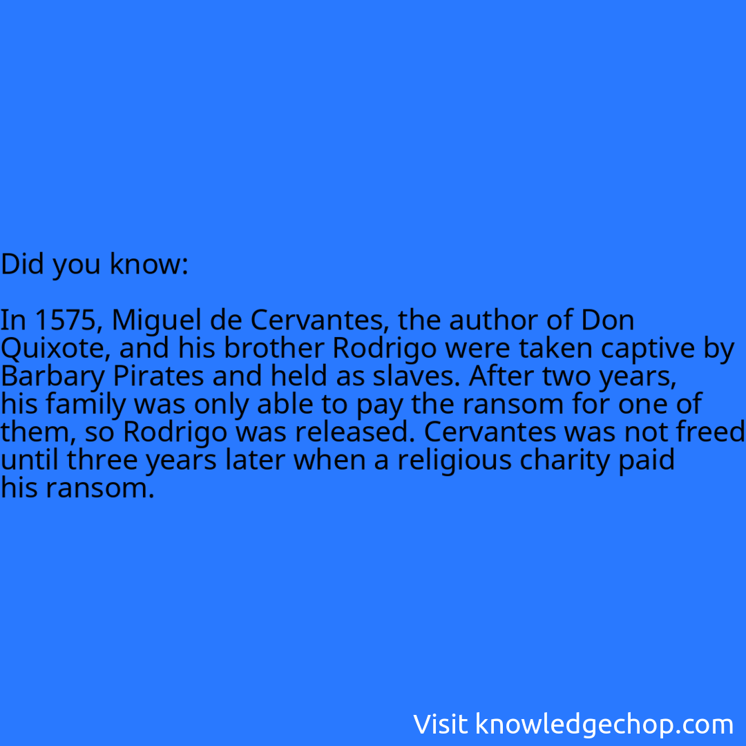   In 1575, Miguel de Cervantes, the author of Don Quixote, and his brother Rodrigo were taken captive by Barbary Pirates and held as slaves. After two years, his family was only able to pay the ransom for one of them, so Rodrigo was released. Cervantes was not freed until three years later when a religious charity paid his ransom.