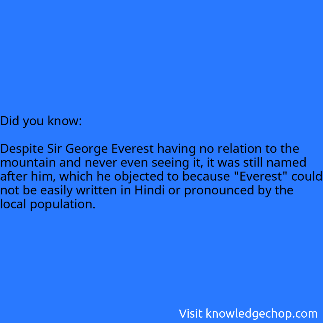   Despite Sir George Everest having no relation to the mountain and never even seeing it, it was still named after him, which he objected to because 