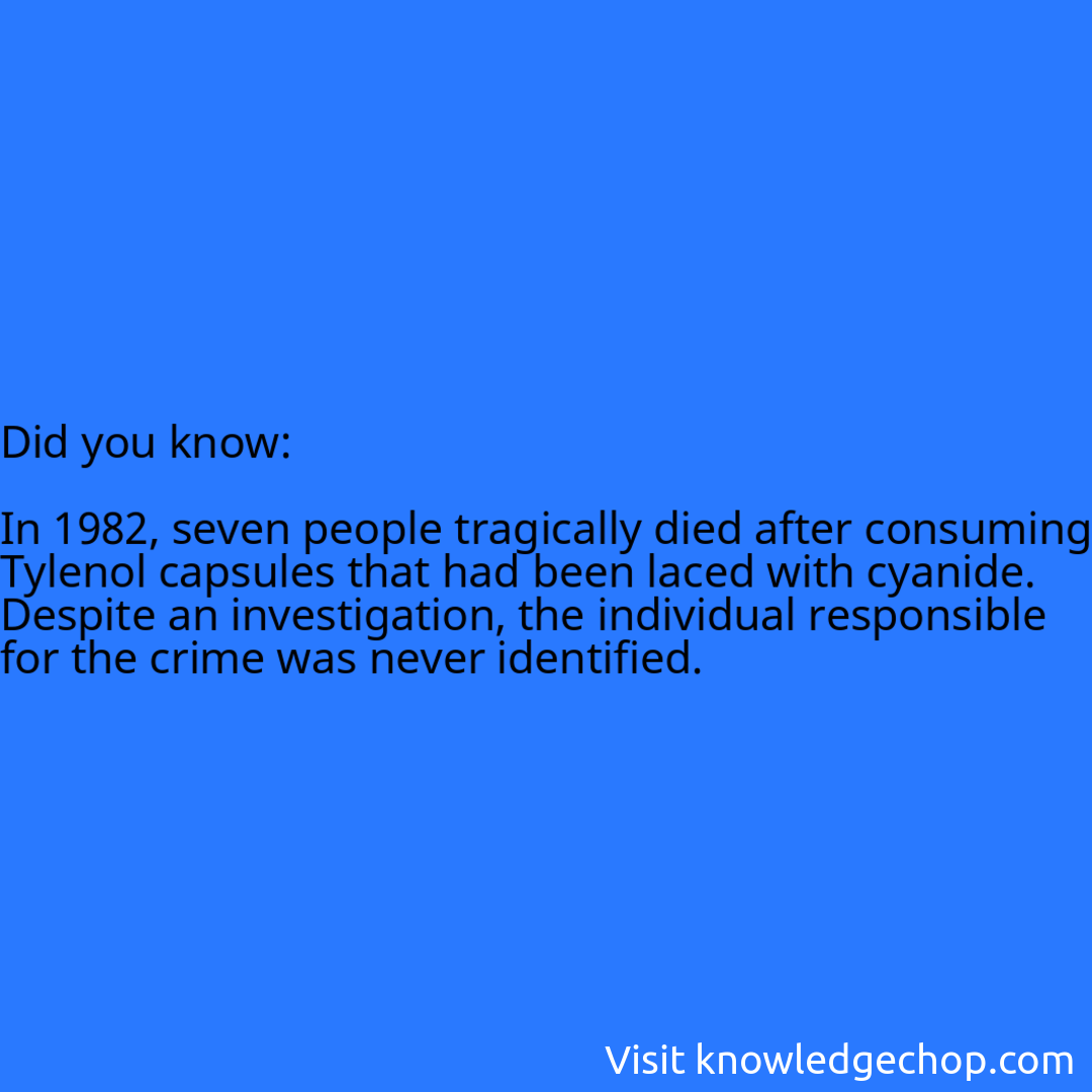   In 1982, seven people tragically died after consuming Tylenol capsules that had been laced with cyanide. Despite an investigation, the individual responsible for the crime was never identified.