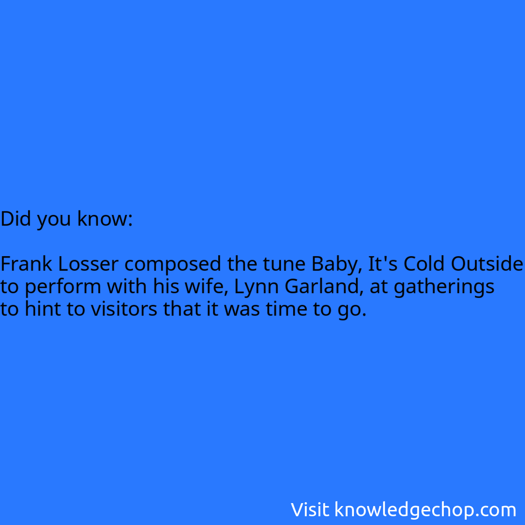   Frank Losser composed the tune Baby, It's Cold Outside to perform with his wife, Lynn Garland, at gatherings to hint to visitors that it was time to go.