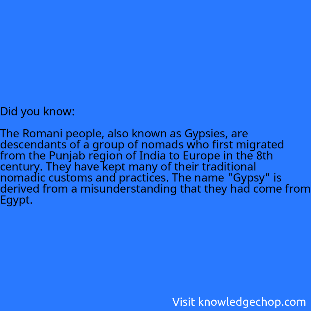   The Romani people, also known as Gypsies, are descendants of a group of nomads who first migrated from the Punjab region of India to Europe in the 8th century. They have kept many of their traditional nomadic customs and practices. The name 