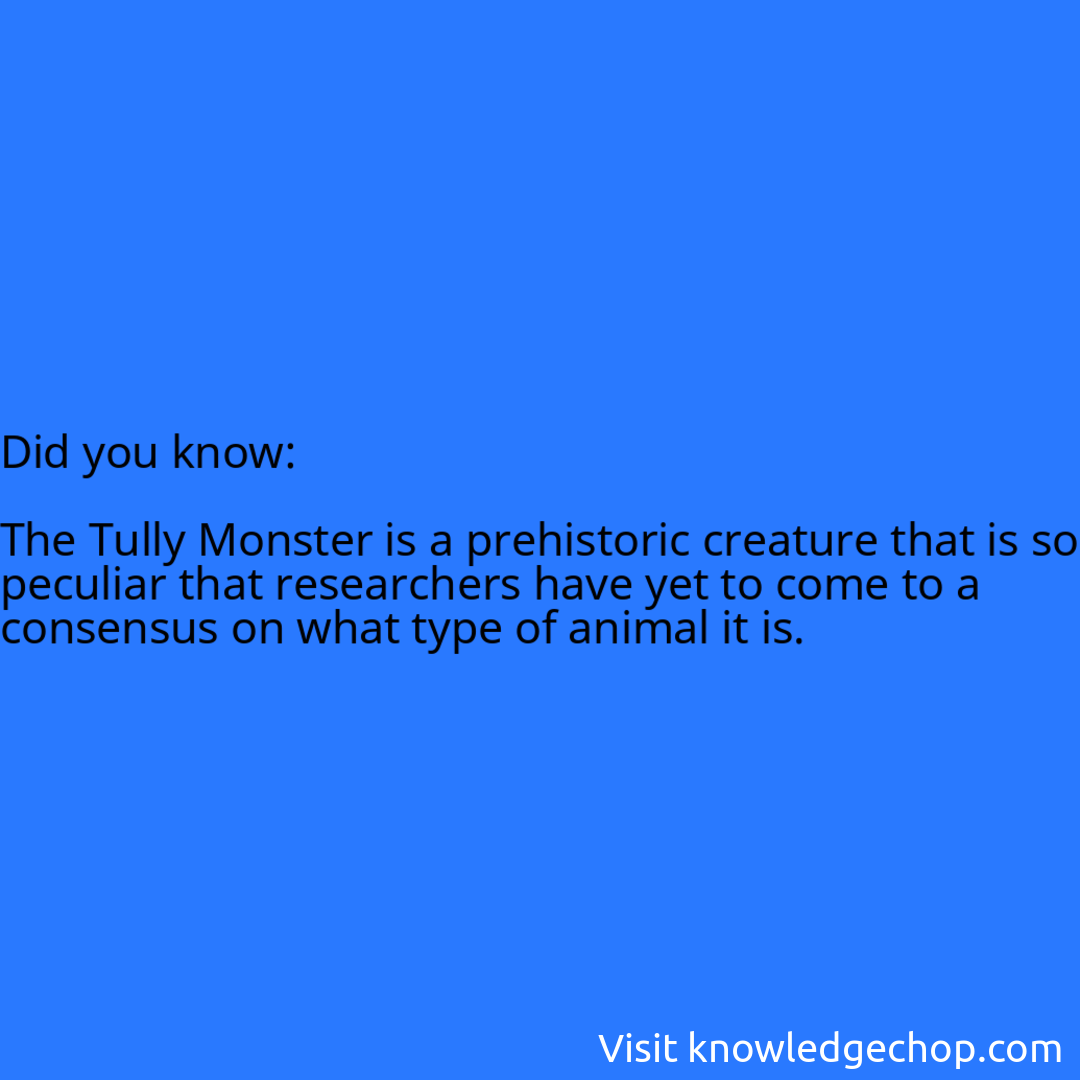   The Tully Monster is a prehistoric creature that is so peculiar that researchers have yet to come to a consensus on what type of animal it is.