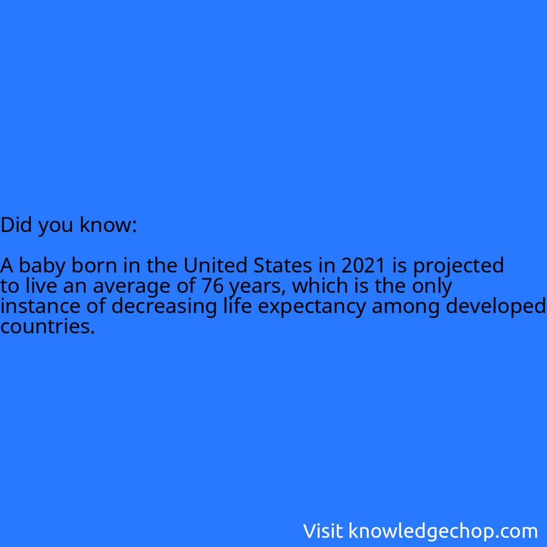   A baby born in the United States in 2021 is projected to live an average of 76 years, which is the only instance of decreasing life expectancy among developed countries.