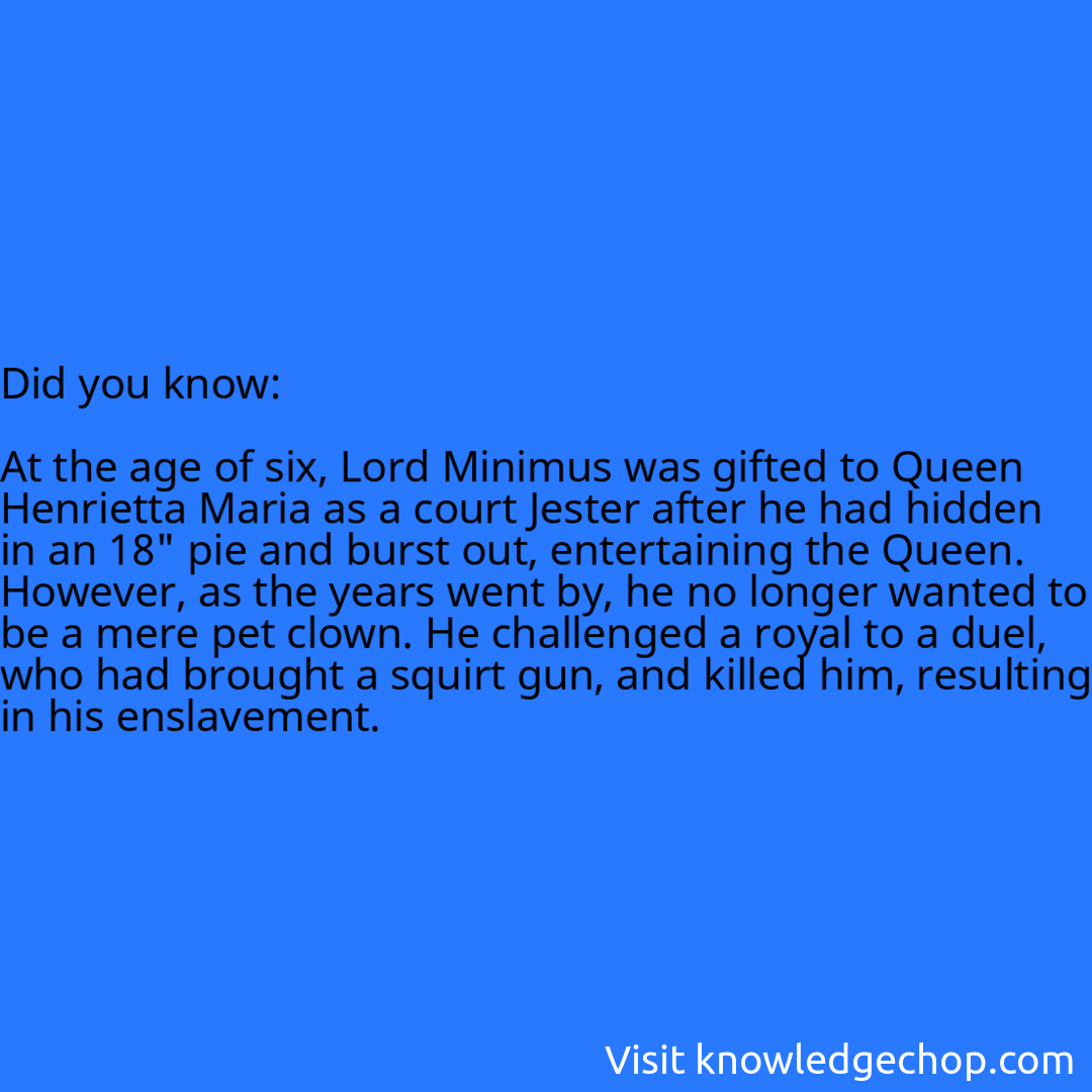   At the age of six, Lord Minimus was gifted to Queen Henrietta Maria as a court Jester after he had hidden in an 18