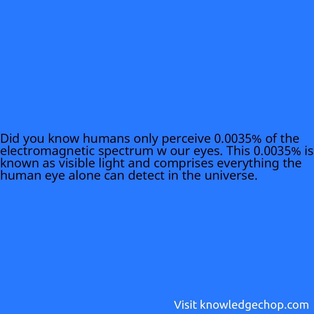 humans only perceive 0.0035% of the electromagnetic spectrum w our eyes. This 0.0035% is known as visible light and comprises everything the human eye alone can detect in the universe.