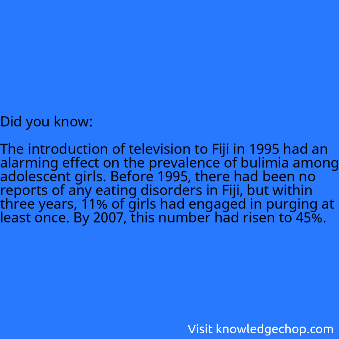   The introduction of television to Fiji in 1995 had an alarming effect on the prevalence of bulimia among adolescent girls. Before 1995, there had been no reports of any eating disorders in Fiji, but within three years, 11% of girls had engaged in purging at least once. By 2007, this number had risen to 45%.