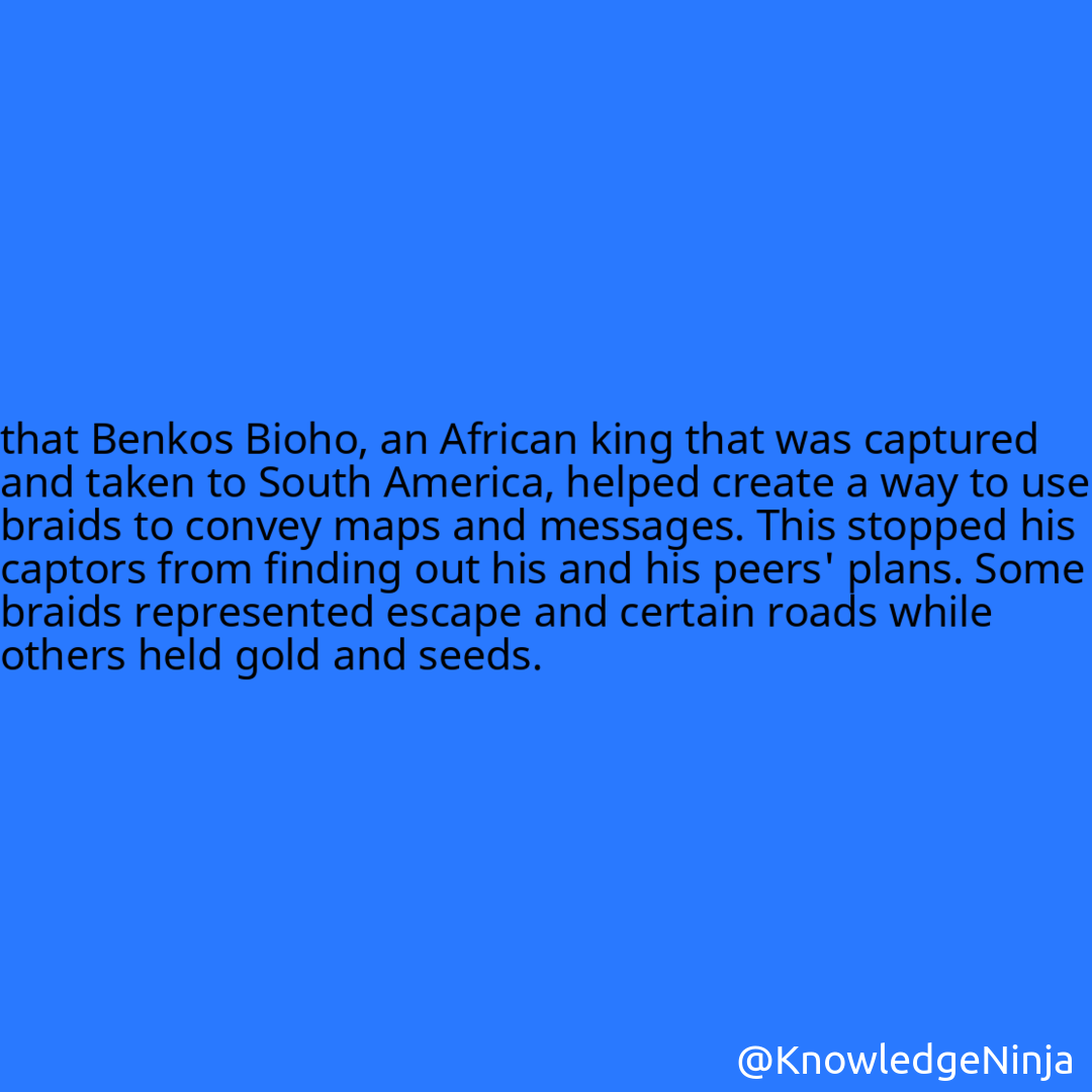 
that Benkos Bioho, an African king that was captured and taken to South America, helped create a way to use braids to convey maps and messages. This stopped his captors from finding out his and his peers' plans. Some braids represented escape and certain roads while others held gold and seeds.