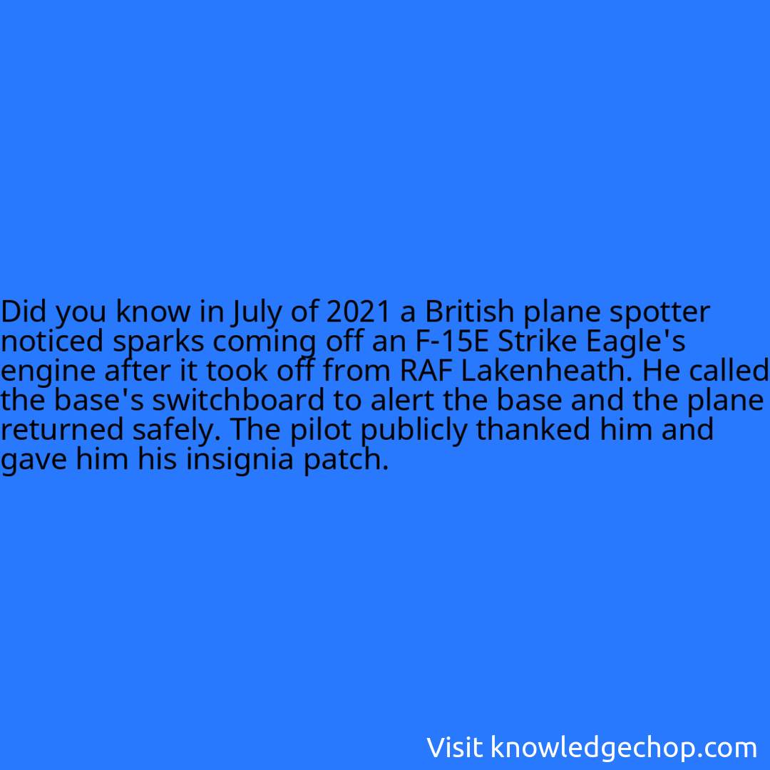 in July of 2021 a British plane spotter noticed sparks coming off an F-15E Strike Eagle's engine after it took off from RAF Lakenheath. He called the base's switchboard to alert the base and the plane returned safely. The pilot publicly thanked him and gave him his insignia patch.