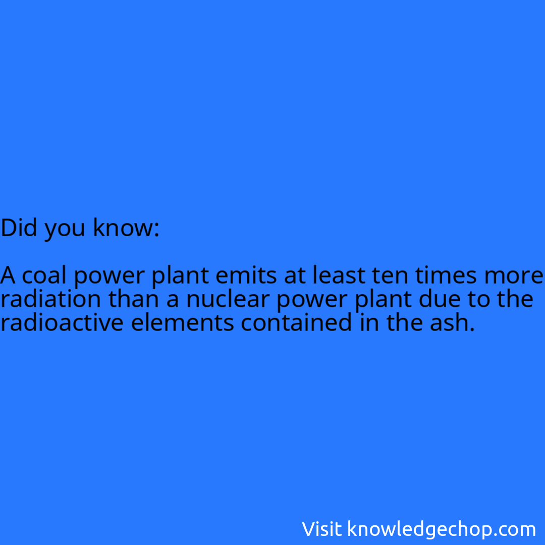   A coal power plant emits at least ten times more radiation than a nuclear power plant due to the radioactive elements contained in the ash.