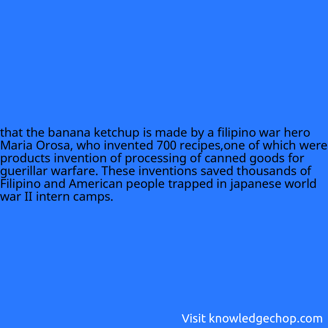
that the banana ketchup is made by a filipino war hero Maria Orosa, who invented 700 recipes,one of which were products invention of processing of canned goods for guerillar warfare. These inventions saved thousands of Filipino and American people trapped in japanese world war II intern camps.