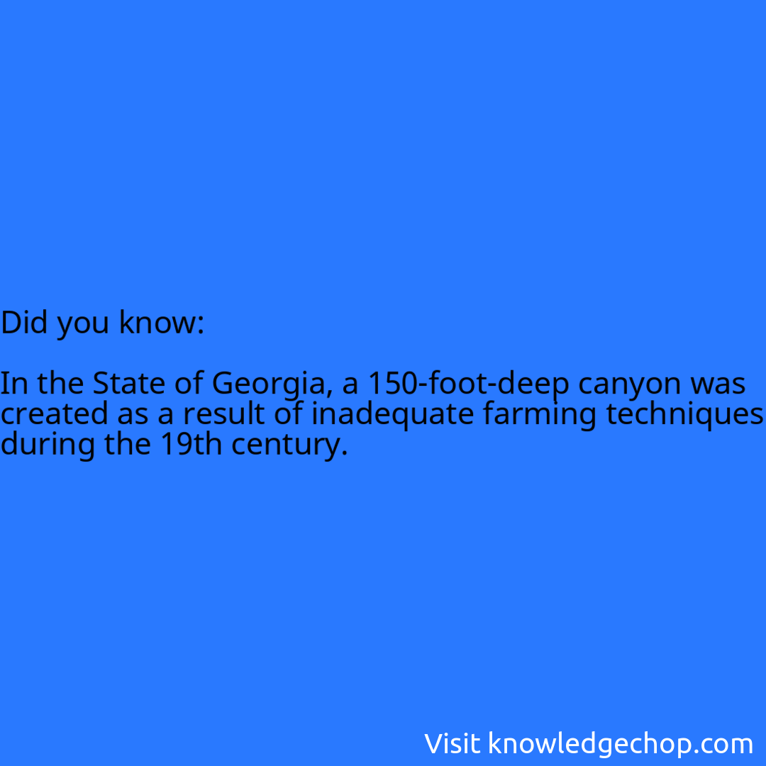   In the State of Georgia, a 150-foot-deep canyon was created as a result of inadequate farming techniques during the 19th century.