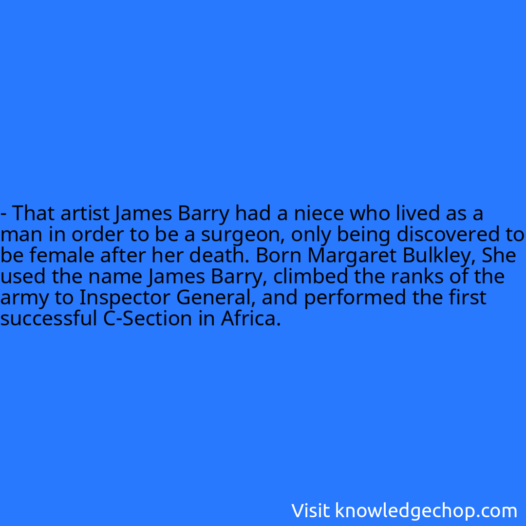 
- That artist James Barry had a niece who lived as a man in order to be a surgeon, only being discovered to be female after her death. Born Margaret Bulkley, She used the name James Barry, climbed the ranks of the army to Inspector General, and performed the first successful C-Section in Africa.