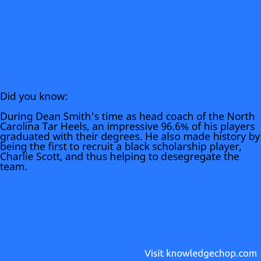   During Dean Smith's time as head coach of the North Carolina Tar Heels, an impressive 96.6% of his players graduated with their degrees. He also made history by being the first to recruit a black scholarship player, Charlie Scott, and thus helping to desegregate the team.