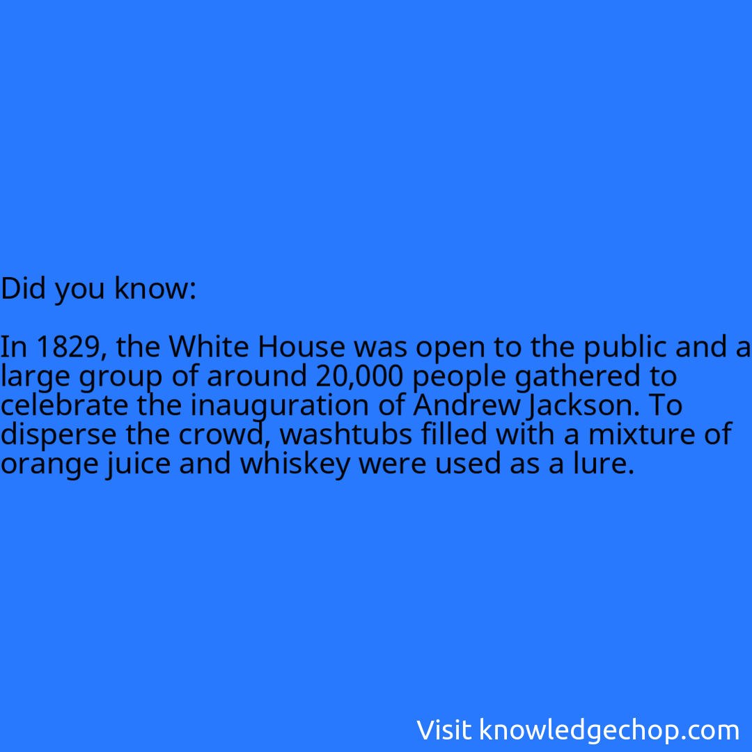   In 1829, the White House was open to the public and a large group of around 20,000 people gathered to celebrate the inauguration of Andrew Jackson. To disperse the crowd, washtubs filled with a mixture of orange juice and whiskey were used as a lure.