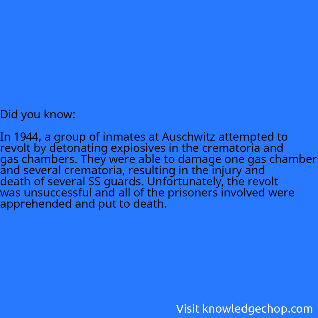   In 1944, a group of inmates at Auschwitz attempted to revolt by detonating explosives in the crematoria and gas chambers. They were able to damage one gas chamber and several crematoria, resulting in the injury and death of several SS guards. Unfortunately, the revolt was unsuccessful and all of the prisoners involved were apprehended and put to death.