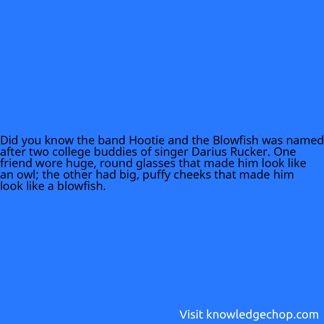 the band Hootie and the Blowfish was named after two college buddies of singer Darius Rucker. One friend wore huge, round glasses that made him look like an owl; the other had big, puffy cheeks that made him look like a blowfish.